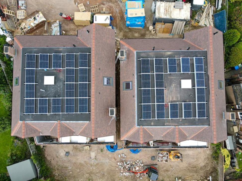 Solar panels on two large buildings